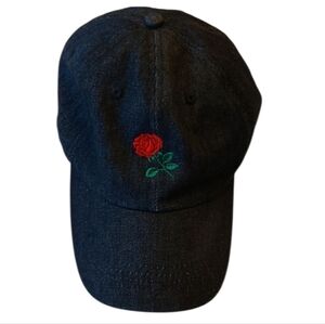 Embroidered Denim Baseball Cap With Rose EUC